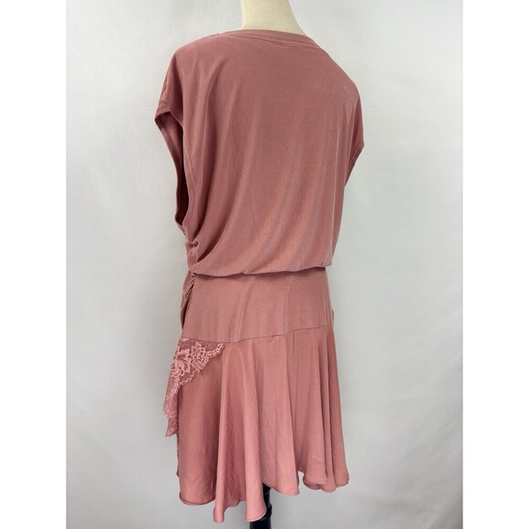 Free People Jazzy Dress Pink Rose Large Blouson Asymmetrical Hemline Lace Boho - Picture 5 of 16
